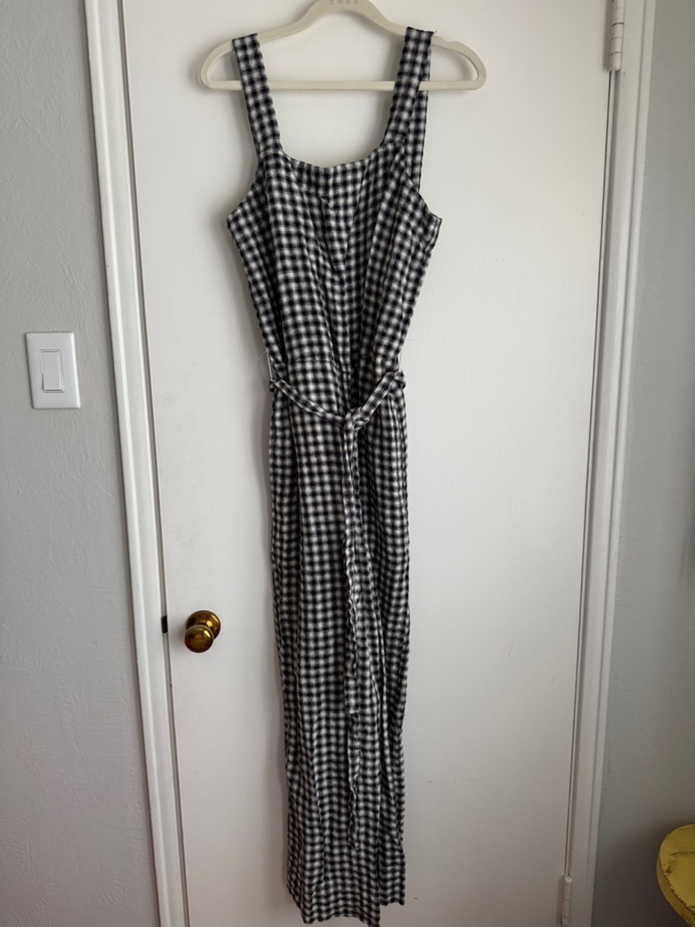 Black and White Gingham Jumpsuit with Tie Waist - Picture 2 of 5